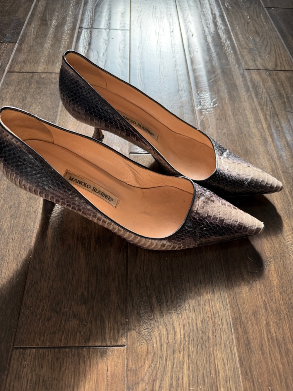 Manolo Blahnik Brown Python-Effect Pointed Toe Kitten Heels